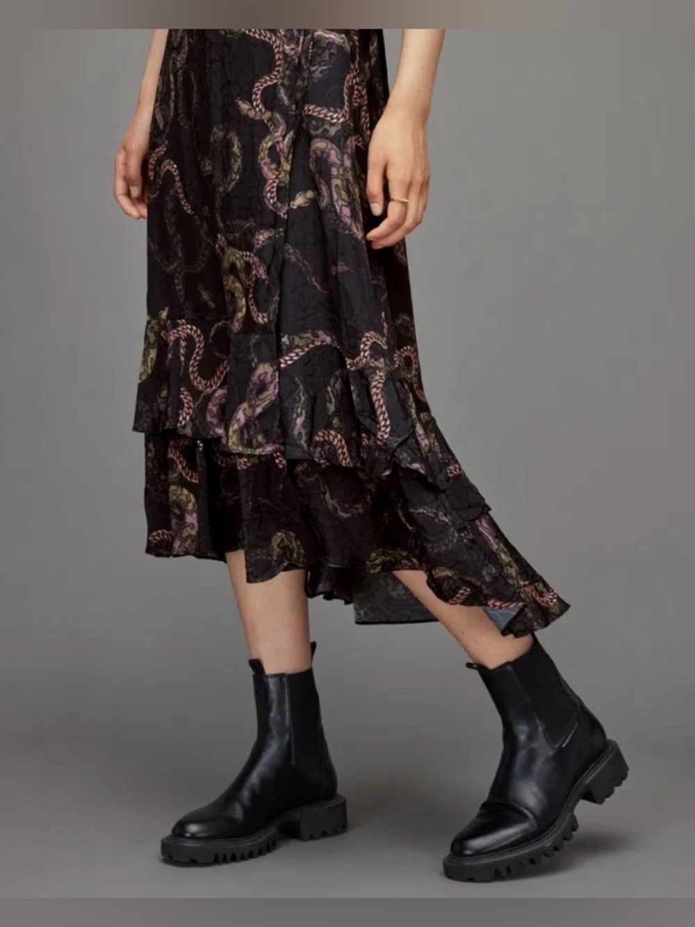 AllSaints Delana Tempest Wrap Slip Dress in deep green with snake- print - Picture 4 of 12